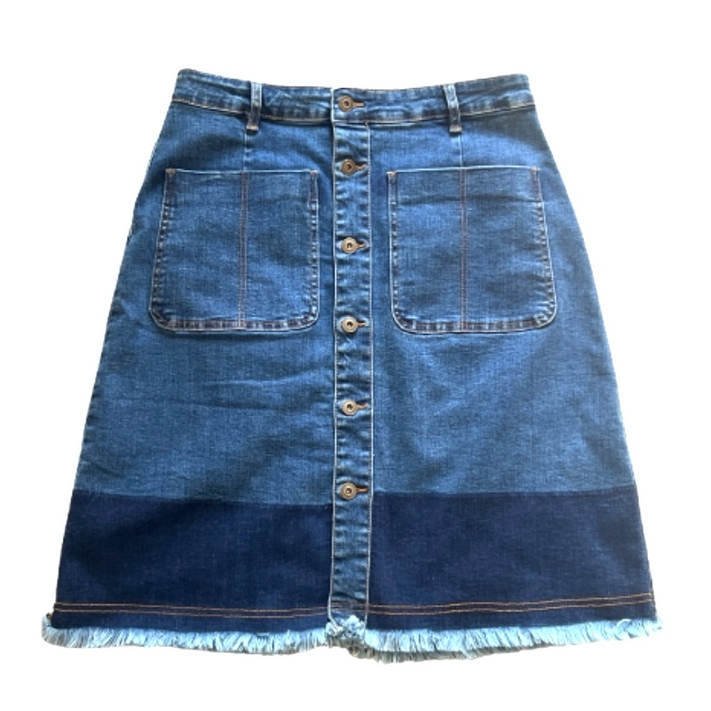 A Love A Denim Jean Cottagecore Mini Skirt Two-Tone Raw Hem‎